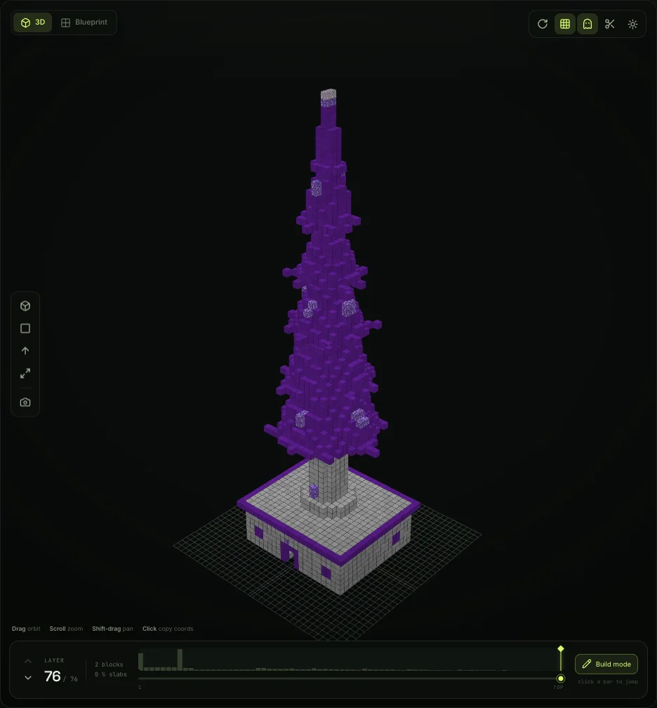 A purple Minecraft wizard tower on a flat-roof house, rendered with real block textures